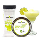 A container and tin of The Spice Lab Traditional Margarita Salt Cocktail Rimmer sit beside a margarita glass filled with a frozen margarita and garnished with a lime slice.