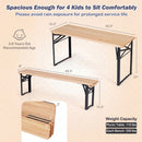 The DirectDeals 43.5 Inch Folding Kids Picnic Table & Bench Set No Assembly Wooden Toddler Table features solid fir wood and black metal legs. For ages 3-8, table: 43.5x15.5x21″, bench: 43.5x8x12″, indoor use only.
