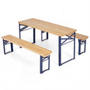 The DirectDeals 43.5 Inch Folding Kids Picnic Table & Bench Set No Assembly Wooden Toddler Table includes a rectangular wooden table and two matching benches with dark metal folding legs, shown on a white background.