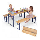 Two kids enjoy snacks at the 43.5 Inch Folding Kids Picnic Table & Bench Set No Assembly Wooden Toddler Table by DirectDeals, with an inset showing the set folded flat for easy storage.