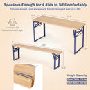 The DirectDeals 43.5 Inch Folding Kids Picnic Table & Bench Set No Assembly Wooden Toddler Table features solid fir wood, blue metal legs, fits ages 3-8 (table: 43.5x15.5x21.5″, bench: 43.5x5.5x12.2″), supports up to 330 lbs.