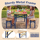 Two kids sit smiling at the 43.5 Inch Folding Kids Picnic Table & Bench Set No Assembly Wooden Toddler Table by DirectDeals, enjoying snacks outdoors on its sturdy blue metal frame and fir wood benches.