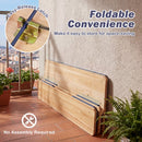 A 43.5 Inch Folding Kids Picnic Table & Bench Set No Assembly Wooden Toddler Table by DirectDeals leans on a balcony wall. Close-up shows the easy-release latch. Foldable, no assembly, space-saving storage.