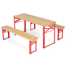 The DirectDeals 43.5 Inch Folding Kids Picnic Table & Bench Set No Assembly Wooden Toddler Table features light Solid Fir Wood tops, red metal legs, and includes two matching benches for versatile indoor or outdoor use.