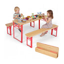 Two kids enjoy snacks at the DirectDeals 43.5 Inch Folding Kids Picnic Table & Bench Set No Assembly Wooden Toddler Table, which folds easily for storage, as shown with table and benches in the lower right corner.