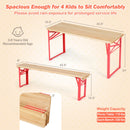 The 43.5 Inch Folding Kids Picnic Table & Bench Set No Assembly Wooden Toddler Table by DirectDeals, made of solid fir with red legs, seats 4 kids ages 3–8. Weight limits: table 110 lbs, bench 330 lbs.