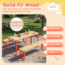 The DirectDeals 43.5 Inch Folding Kids Picnic Table & Bench Set No Assembly Wooden Toddler Table sits on a patio with toys, showing rustic splinter-free wood, natural knots, and sturdy thickness in the circular inset.