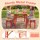 Two smiling children enjoy snacks at the DirectDeals 43.5 Inch Folding Kids Picnic Table & Bench Set No Assembly Wooden Toddler Table, featuring sturdy support structures and high weight capacities for both benches and table.