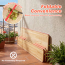 DirectDeals 43.5 Inch Folding Kids Picnic Table & Bench Set No Assembly Wooden Toddler Table leans against a balcony wall near plants. Overlay text: easy-release latch, foldable, no assembly, space-saving. City view behind.