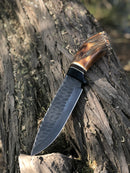 The Texan Knives Custom Handmade Stone Texture Hand Forged 1095 High Carbon Steel Vintage Viking Knife, featuring a patterned blade and antler-inspired handle, rests on a rough tree trunk in sunlight.