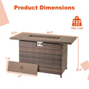 DirectDeals 44.5 Inch Propane Fire Pit Table Rattan Gas 2-in-1 features outdoor heat, a removable 23″x7.5″ panel, stainless steel burner, and supports up to 220 lbs; measures 44.5″W x 22.5″D x 25.5″H.