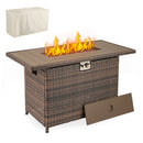 The 44.5 Inch Propane Fire Pit Table Rattan Gas 2-in-1 with Stainless Steel Burner by DirectDeals offers outdoor heat and ambiance with visible flames, control knob, detachable panel, and a beige protective cover shown top left.