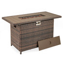 The DirectDeals 44.5 Inch Propane Fire Pit Table Rattan Gas 2-in-1 with Stainless Steel Burner features a wicker base, metal top, front control panel, and removable panel—ideal for cozy outdoor gatherings up to 50 people.