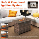 The DirectDeals 44.5 Inch Propane Fire Pit Table Rattan Gas 2-in-1 with Stainless Steel Burner sits between patio sofas, featuring adjustable flame and a safe ignition system for outdoor warmth—ideal for gatherings up to 50 guests.