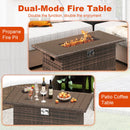 Two images display the DirectDeals 44.5 Inch Propane Fire Pit Table Rattan Gas 2-in-1 with Stainless Steel Burner: one as a fire pit in use, the other as a patio coffee table, showcasing its versatile design.