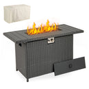 The DirectDeals 44.5 Inch Propane Fire Pit Table Rattan Gas 2-in-1 with Stainless Steel Burner features a control knob, open access panel, vivid flames, and comes with a beige protective cover for outdoor use.