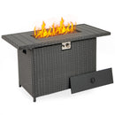 The DirectDeals 44.5 Inch Propane Fire Pit Table Rattan Gas 2-in-1 with Stainless Steel Burner features a rattan base, metal top, visible flames, removable panel, and adjustable heat via a front knob for cozy outdoor warmth.