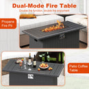 Two images of the DirectDeals 44.5 Inch Propane Fire Pit Table Rattan Gas 2-in-1 with Stainless Steel Burner: top as a fire pit for heat, bottom as a patio coffee table for drinks and snacks, highlighting dual-use design.