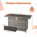 The DirectDeals 44.5 Inch Propane Fire Pit Table Rattan Gas 2-in-1 with Stainless Steel Burner measures 44.5″L x 22.5″W x 25.5″H, holds up to 220 lbs, and includes a removable 23″x7.5″ panel for versatile outdoor use.