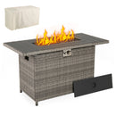 Enjoy outdoor warmth with the DirectDeals 44.5 Inch Propane Fire Pit Table Rattan Gas 2-in-1, featuring a stainless steel burner, control knob, gray tabletop, black metal cover, and beige protective cover.