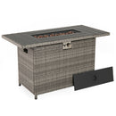 The DirectDeals 44.5 Inch Propane Fire Pit Table Rattan Gas 2-in-1 with Stainless Steel Burner features a black metal top, front control knob, and removable panel for easy access to outdoor heat storage.