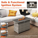 The 44.5 Inch Propane Fire Pit Table Rattan Gas 2-in-1 with Stainless Steel Burner by DirectDeals sits on a patio, featuring a safe ignition system and adjustable heat for comfortable outdoor warmth.