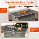 The DirectDeals 44.5 Inch Propane Fire Pit Table Rattan Gas 2-in-1 with Stainless Steel Burner offers visible flames for warmth or serves as a patio coffee table, highlighting its dual functions for versatile outdoor use.