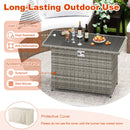 DirectDeals 44.5 Inch Propane Fire Pit Table Rattan Gas 2-in-1 with Stainless Steel Burner shown in a backyard with drinks and appetizers, featuring outdoor heating, sunproof design, and a protective cover included.