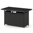 The DirectDeals 44.5″ Propane Fire Pit Table features a sleek black top, black wicker base, 2-in-1 design, and a central burner control panel with a powerful 50,000 BTU burner.