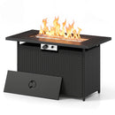The 44.5″ Propane Fire Pit Table with 50,000 BTU Burner by DirectDeals features a wicker-style base, control knob, storage panel, and doubles as a stylish centerpiece for outdoor gatherings.