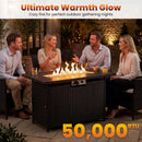Four friends gather around the 44.5″ Propane Fire Pit Table with 50,000 BTU Burner by DirectDeals, enjoying drinks and smiles under the night sky. Text: Ultimate Warmth Glow, 50,000 BTU.