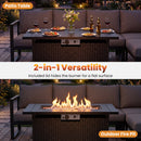 The 44.5″ Propane Fire Pit Table with 50,000 BTU Burner by DirectDeals is shown as a patio table with drinks and food, and as a fire pit—displayed both with and without the burner lid.