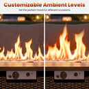 A split image shows the DirectDeals 44.5″ Propane Fire Pit Table with 50,000 BTU Burner set to Low (left) and High (right), displaying adjustable flames for customizable outdoor coffee table ambiance.