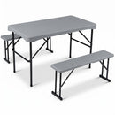 The DirectDeals 44″ Folding Picnic Table Set with 2 Benches HDPE features a rectangular gray table and two matching benches with black metal legs, all shown on a white background.