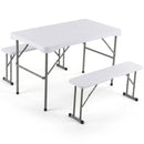 DirectDeals 44″ Folding Picnic Table Set with 2 Benches HDPE features a white rectangular table and two benches with gray metal legs, all crafted from durable HDPE and displayed on a plain white background.