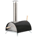 The WPPO Le Peppe Portable Wood-Fired Pizza Oven by WPPO LLC Direct features a sleek black dome, stainless steel front, tall chimney, and wooden-handled controls. Set on four sturdy metal legs against a white background, this oven is the perfect outdoor pizza oven for any gathering.