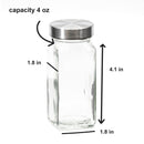 The Spice Lab 12 Pack Empty French Glass Spice Jars by The Spice Lab feature clear glass construction with stainless-steel lids and a labeled 4 oz. capacity. Black arrows highlight the dimensions: 4.1 inches tall, 1.8 inches wide, and 1.8 inches deep. Perfect for organizing seasonings, these jars are displayed against a clean white background.