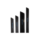 Four black Messermeister kitchen knives of different lengths, each with blue "Messermeister" branding, stand upright beside a Messermeister Gourmet Edge-Guard Set - 4 Piece against a white background.