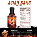 A 19.5 oz bottle of Blazing Star BBQ’s Blazing Star Asian Bang Sauce is shown on a white background, featuring nutrition facts, ingredients list, and serving size information. This flavorful finishing sauce also works as a spicy dipping sauce.