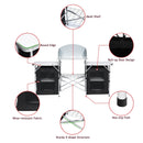 DirectDeals Folding Camping Table with Storage Organizer features mesh shelf, roll-up doors, wear-resistant fabric, round edges, non-slip feet, and a sturdy X-shape frame—highlighted with detailed close-ups.