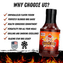 A bottle of Blazing Star BBQ Spicy Sauce from Blazing Star BBQ is displayed, featuring six highlighted benefits, veteran-owned and award icons, and flames along the bottom. At the top, text reads: Why choose us? Discover our expertly crafted BBQ sauce bursting with flavor—and for heat seekers, don’t miss our Carolina Reaper option.