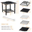 Diagram showing a 31 Inch Outdoor Fire Pit Dining Table with Cooking BBQ Grate by DirectDeals in black metal with mesh lid, grill, poker, labeled parts and dimensions. Weight capacities listed below the main image.