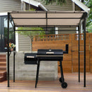 A black smoker grill is set up under the DirectDeals 7 x 4.5 Feet Grill Gazebo Outdoor Patio Garden BBQ Canopy Shelter-Brown on a wooden deck, with a modern house and wooden fence in the background.