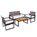 The DirectDeals 4-Piece Patio Conversation Set with Acacia Coffee Table includes two armchairs, a loveseat, and a table. Features black frames, woven backs/sides, and white cushions for stylish outdoor seating.