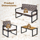 The DirectDeals 4-Piece Patio Conversation Set with Acacia Coffee Table includes a loveseat (44x29.5x29.5, 660 lbs), chair (23x29.5x29.5, 330 lbs), and table (34x19.5x15, 110 lbs) with black frames.