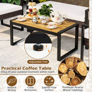 The DirectDeals 4-Piece Patio Conversation Set with Acacia Coffee Table features sturdy metal legs, adjustable feet, rich wood texture, and a splinter-free finish—ideal for any outdoor seating area.
