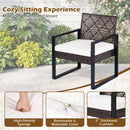 The DirectDeals 4-Piece Patio Conversation Set with Acacia Coffee Table sits in a garden, featuring thick high-density cushions and removable washable covers. Insets showcase a cozy sitting experience.