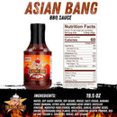 A 19.5 oz bottle of Blazing Star BBQ’s Blazing Star Asian Bang Sauce is shown on a white background, featuring nutrition facts, ingredients list, and serving size information. This flavorful finishing sauce also works as a spicy dipping sauce.