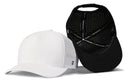 Two Haka Hat Pacific Northwest Performance 5-Panel Hats are shown: a white cap upright and a black cap inside-out, displaying the Flexfit® sweatband, perforated interior, and branded tape. Both offer a modern PNW style by Haka Hat.