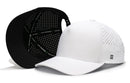 Two white Haka Hat San Francisco Performance 5-Panel Hats are shown: one displays the small H logo, the other is upside down showing a Flexfit® sweatband. These SF X Flexfit® Snapbacks are ideal water repellent hats for San Francisco weather.